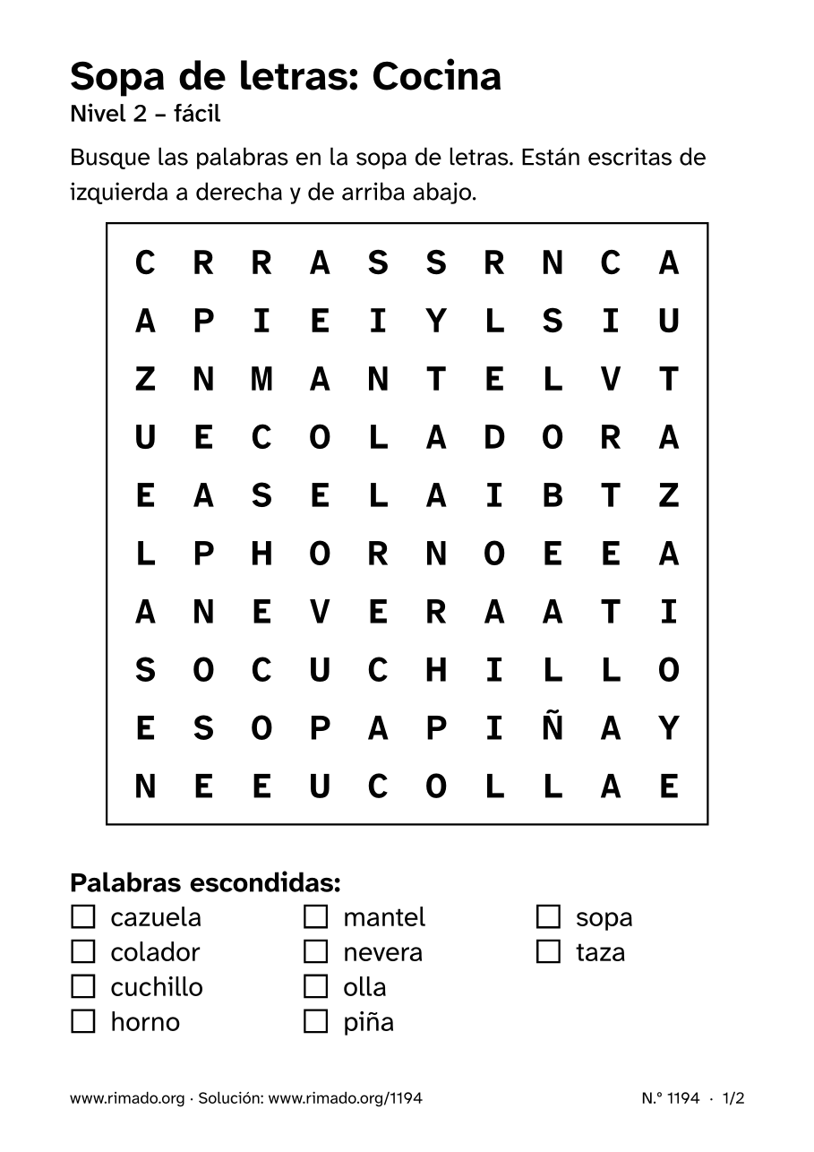 Vista previa de la hoja impresa: Sopa de letras «Cocina», n.º 1194