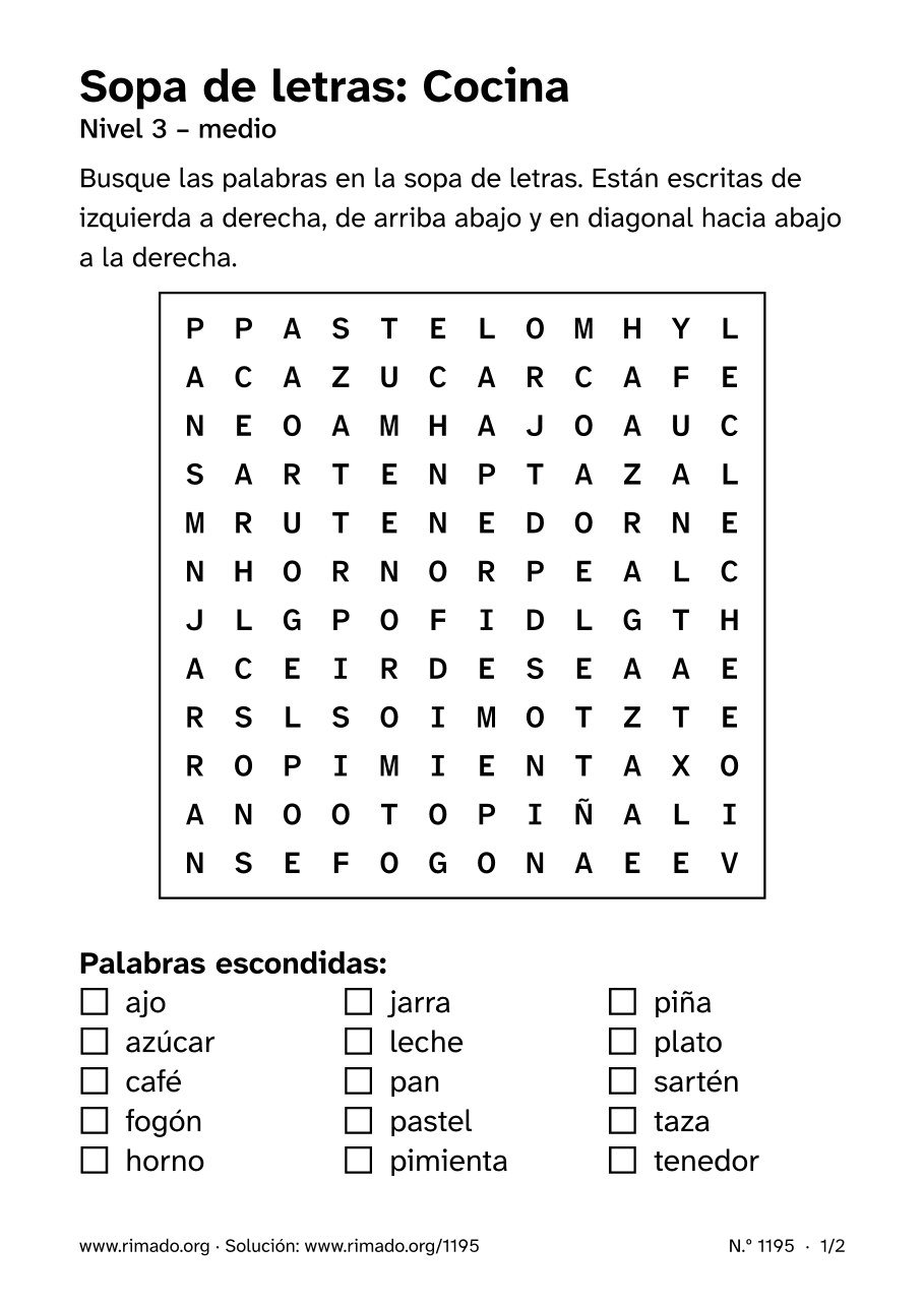 Vista previa de la hoja impresa: Sopa de letras «Cocina», n.º 1195