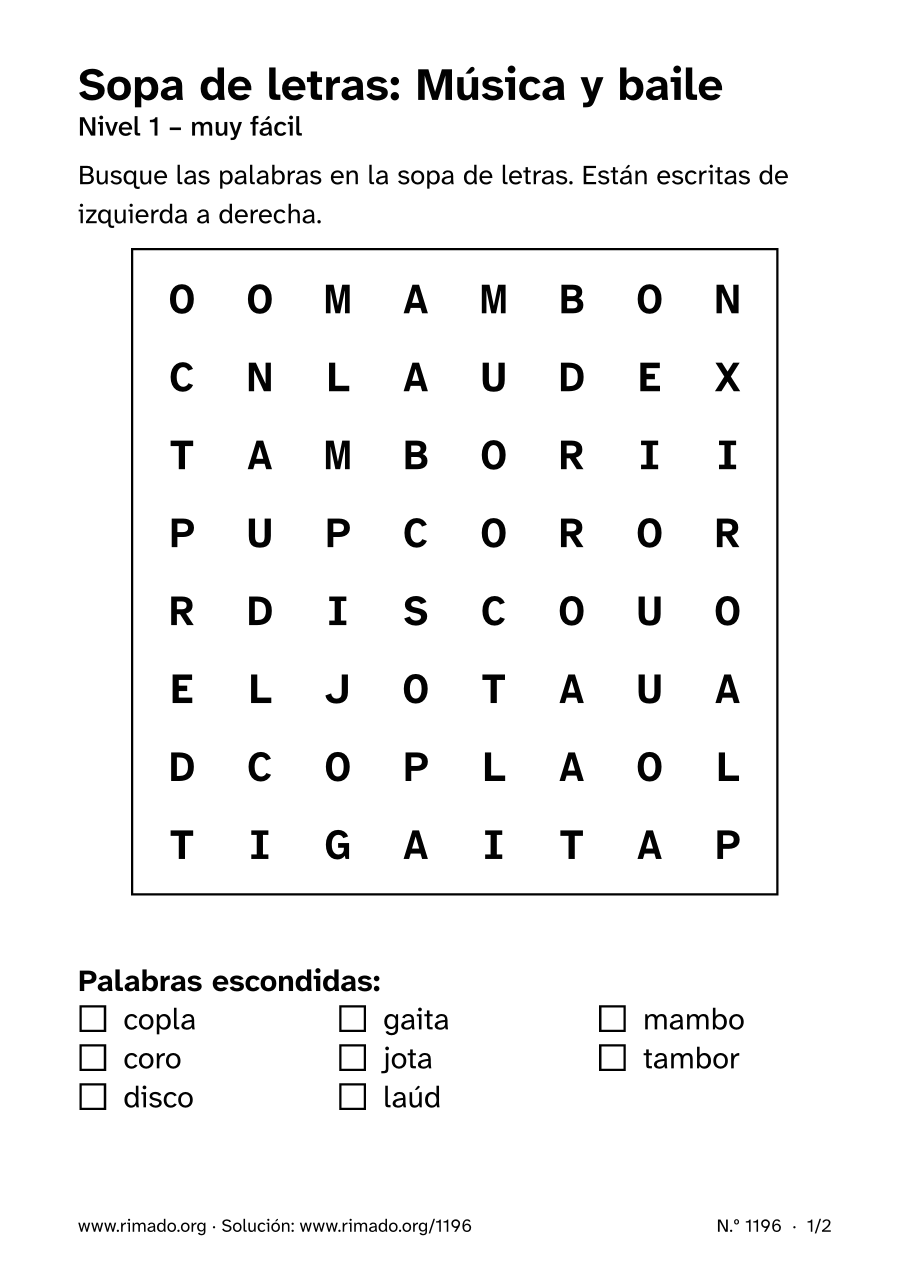 Vista previa de la hoja impresa: Sopa de letras «Música y baile», n.º 1196