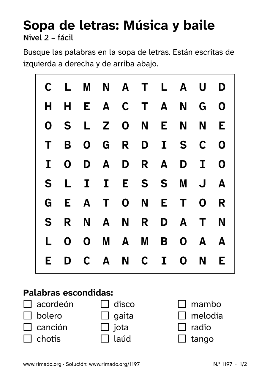Vista previa de la hoja impresa: Sopa de letras «Música y baile», n.º 1197