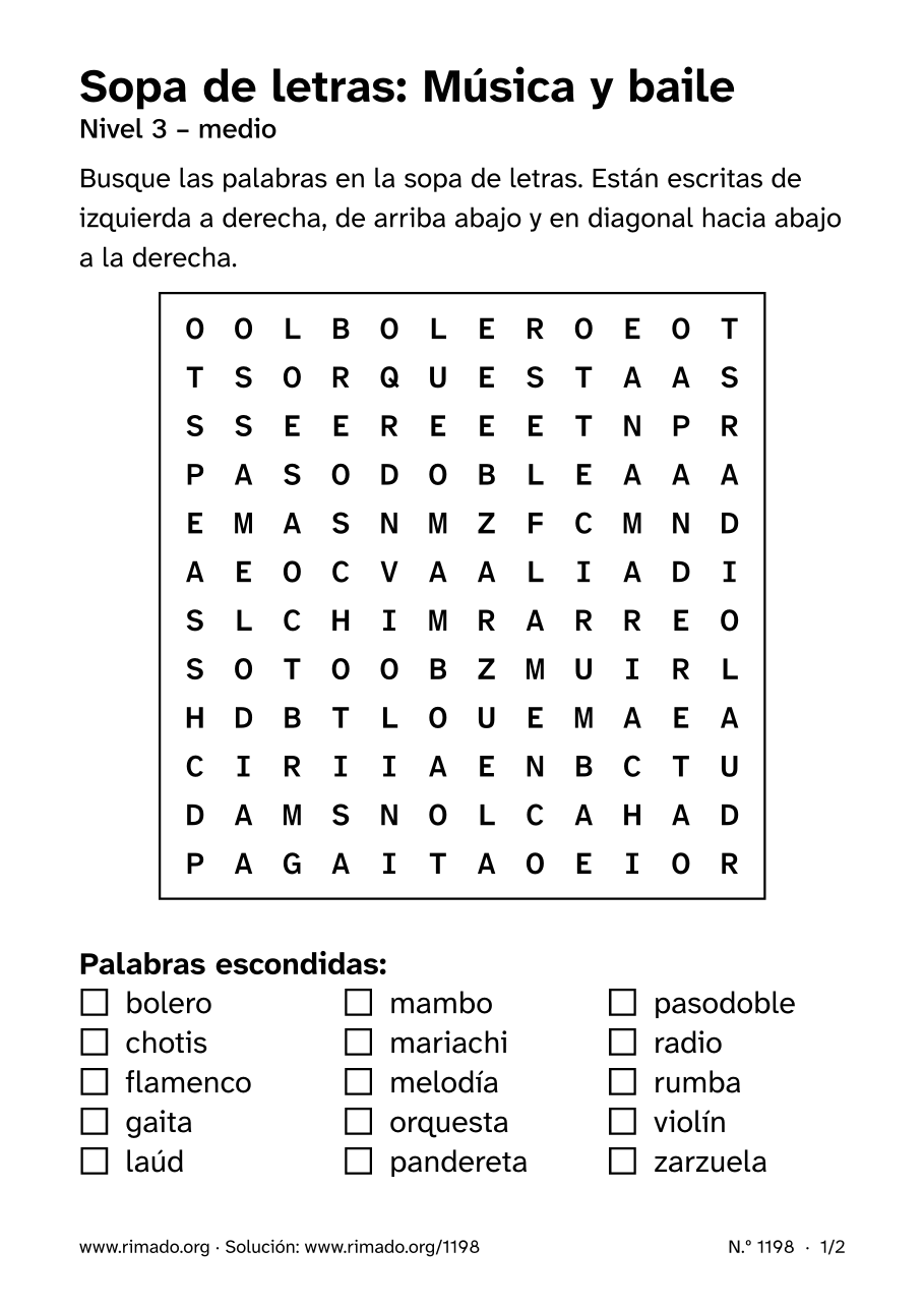 Vista previa de la hoja impresa: Sopa de letras «Música y baile», n.º 1198