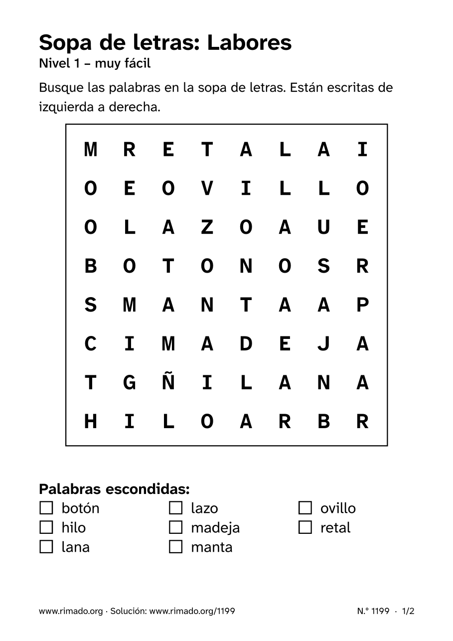 Vista previa de la hoja impresa: Sopa de letras «Labores», n.º 1199