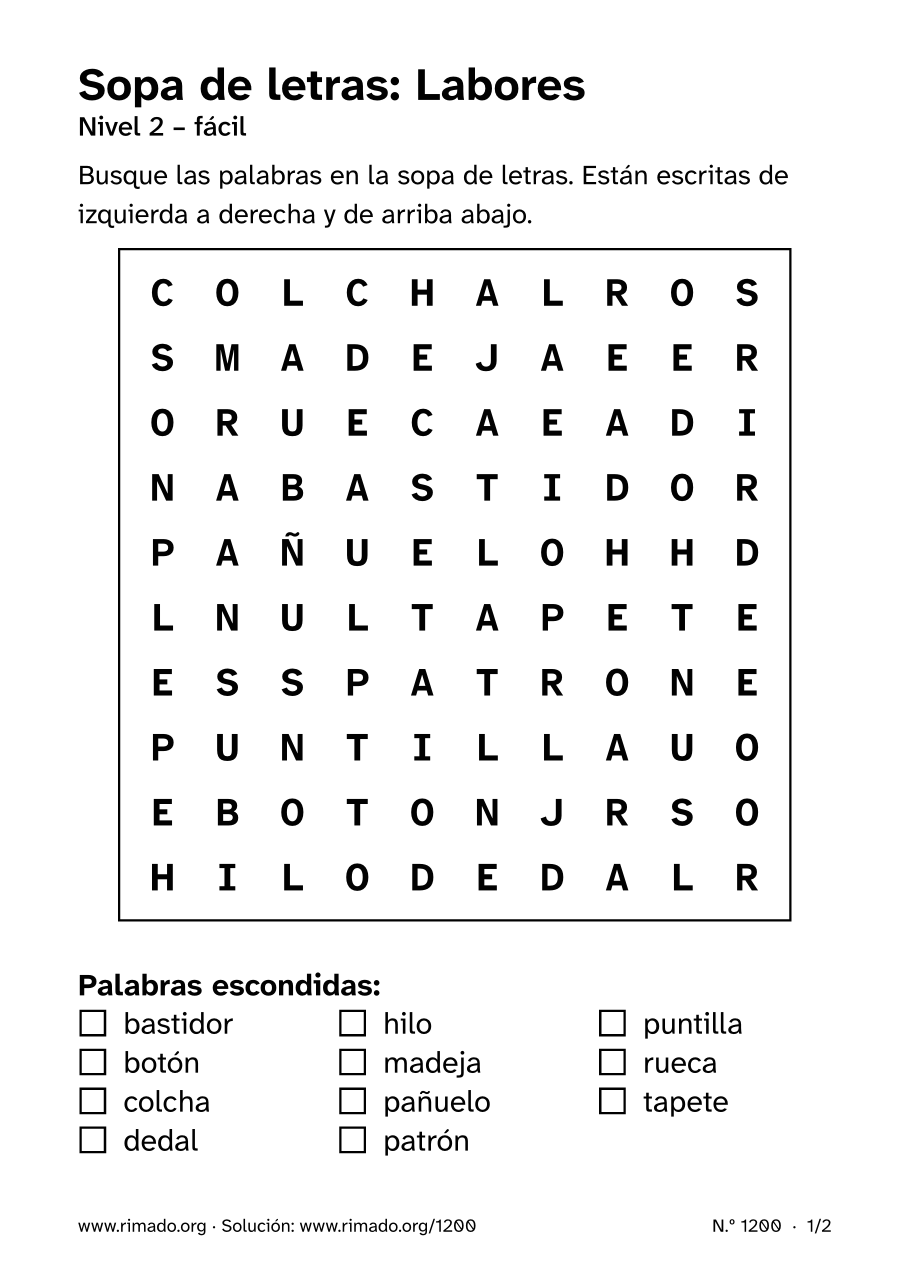 Vista previa de la hoja impresa: Sopa de letras «Labores», n.º 1200
