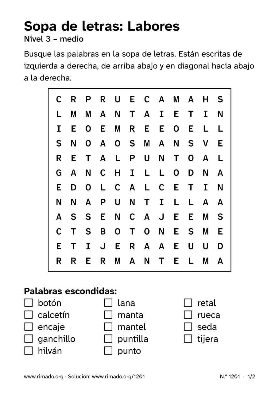 Vista previa de la hoja impresa: Sopa de letras «Labores», n.º 1201