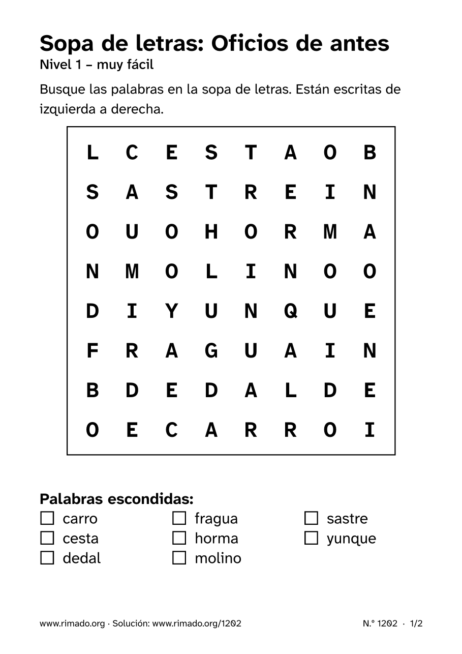 Vista previa de la hoja impresa: Sopa de letras «Oficios de antes», n.º 1202