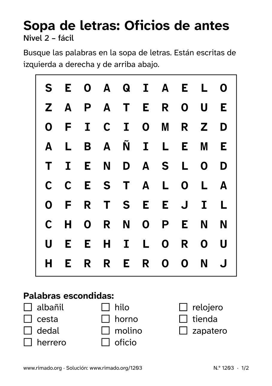 Vista previa de la hoja impresa: Sopa de letras «Oficios de antes», n.º 1203