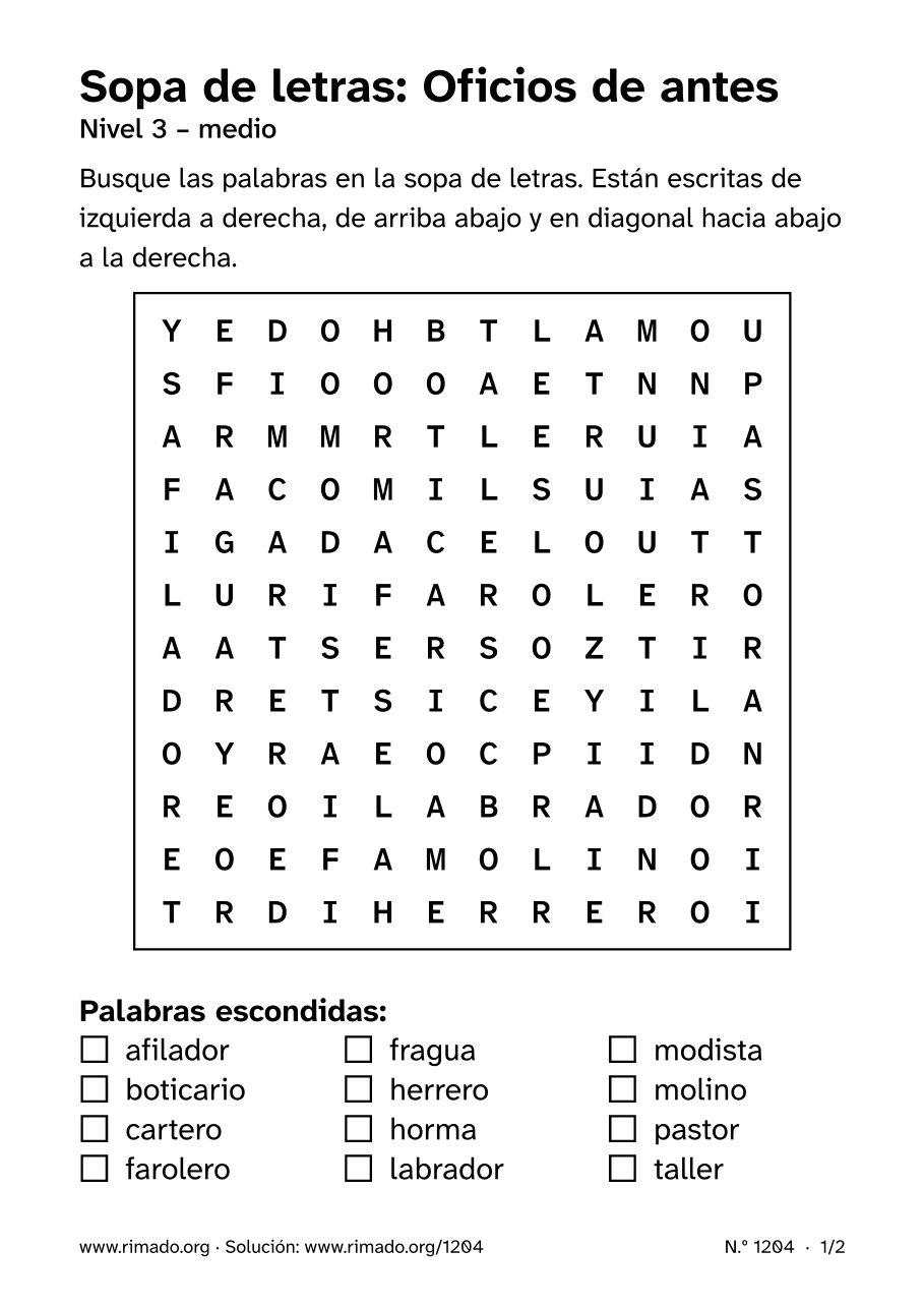 Vista previa de la hoja impresa: Sopa de letras «Oficios de antes», n.º 1204