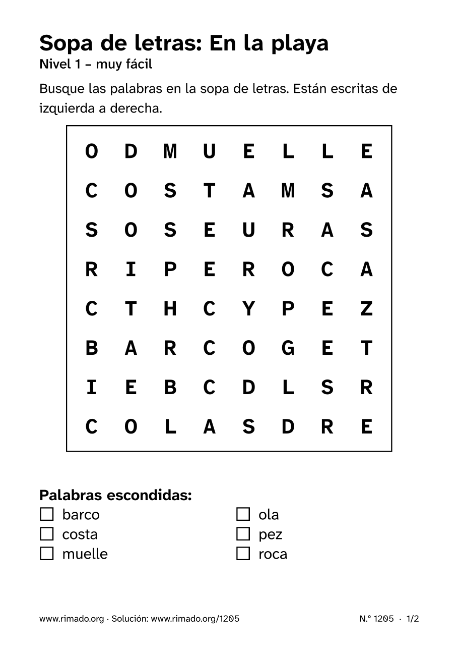 Vista previa de la hoja impresa: Sopa de letras «En la playa», n.º 1205