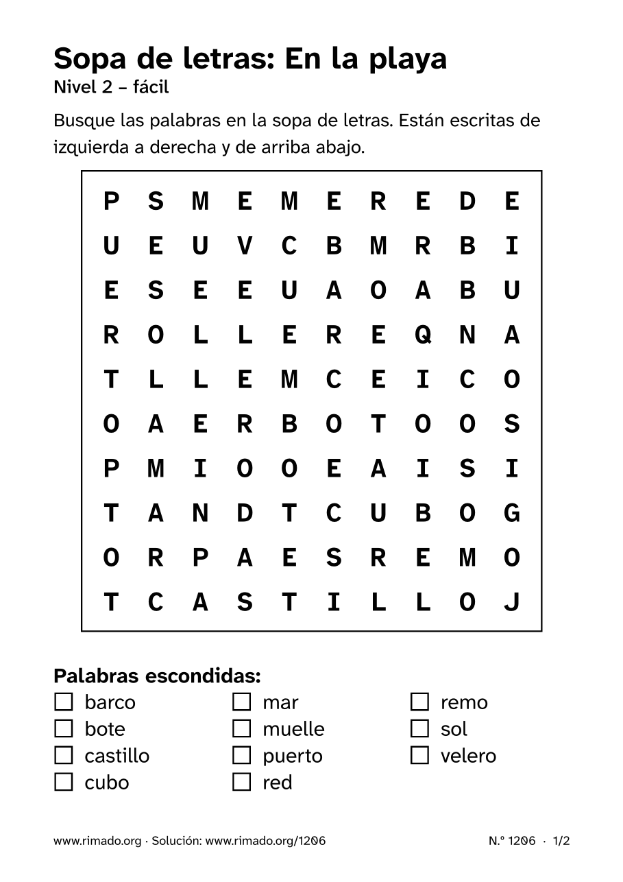 Vista previa de la hoja impresa: Sopa de letras «En la playa», n.º 1206