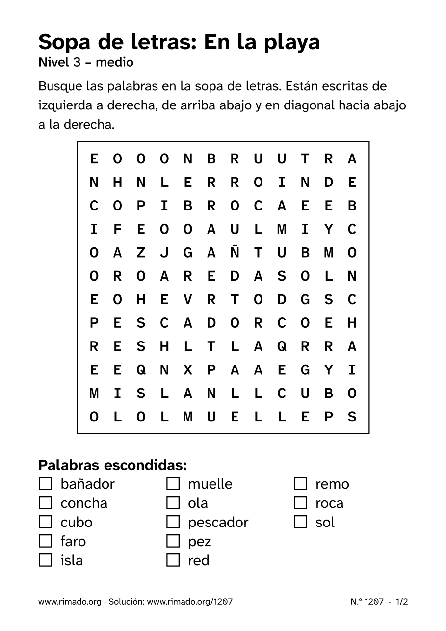 Vista previa de la hoja impresa: Sopa de letras «En la playa», n.º 1207