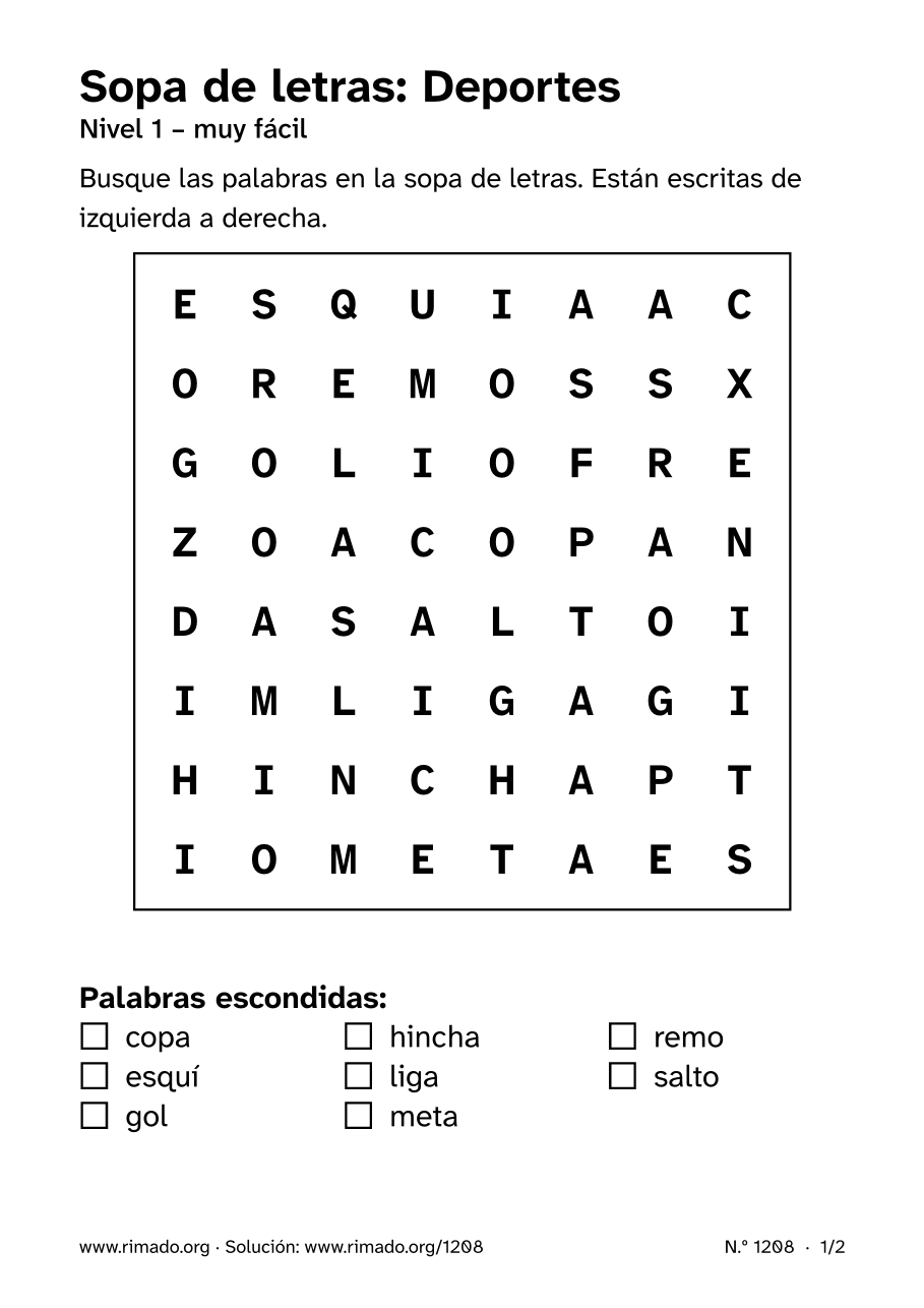 Vista previa de la hoja impresa: Sopa de letras «Deportes», n.º 1208