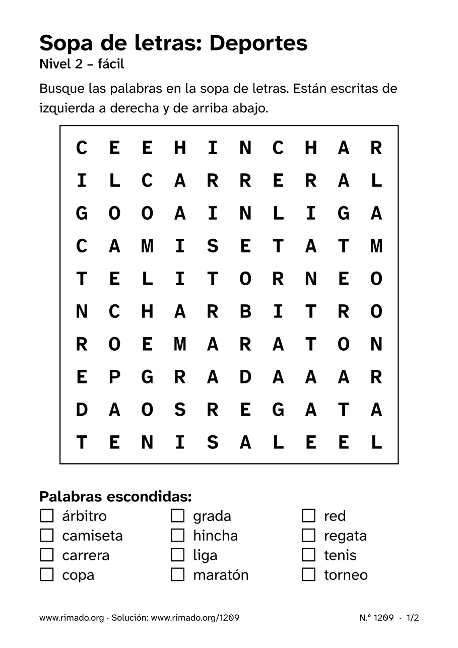 Vista previa de la hoja impresa: Sopa de letras «Deportes», n.º 1209