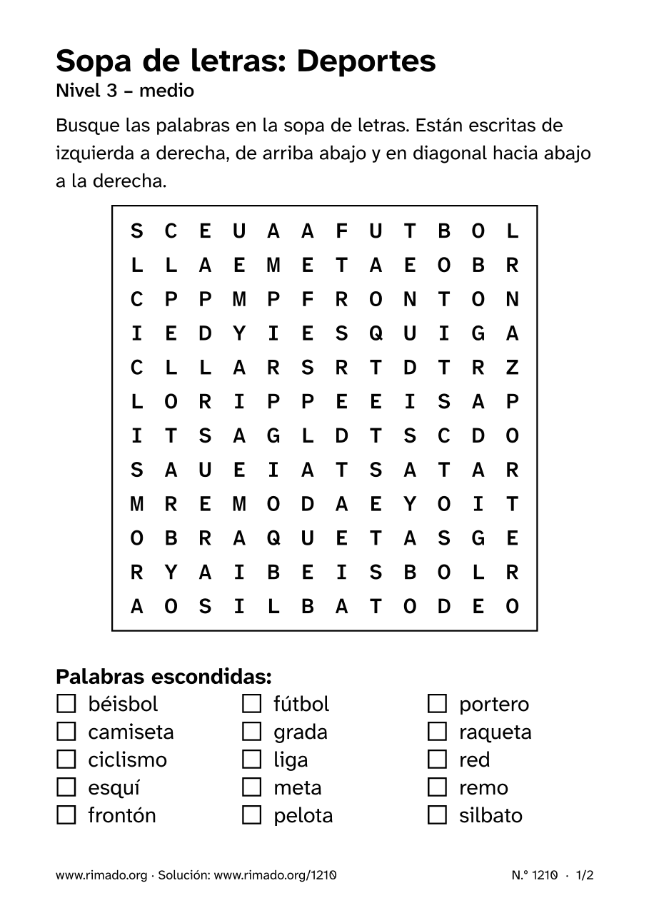 Vista previa de la hoja impresa: Sopa de letras «Deportes», n.º 1210