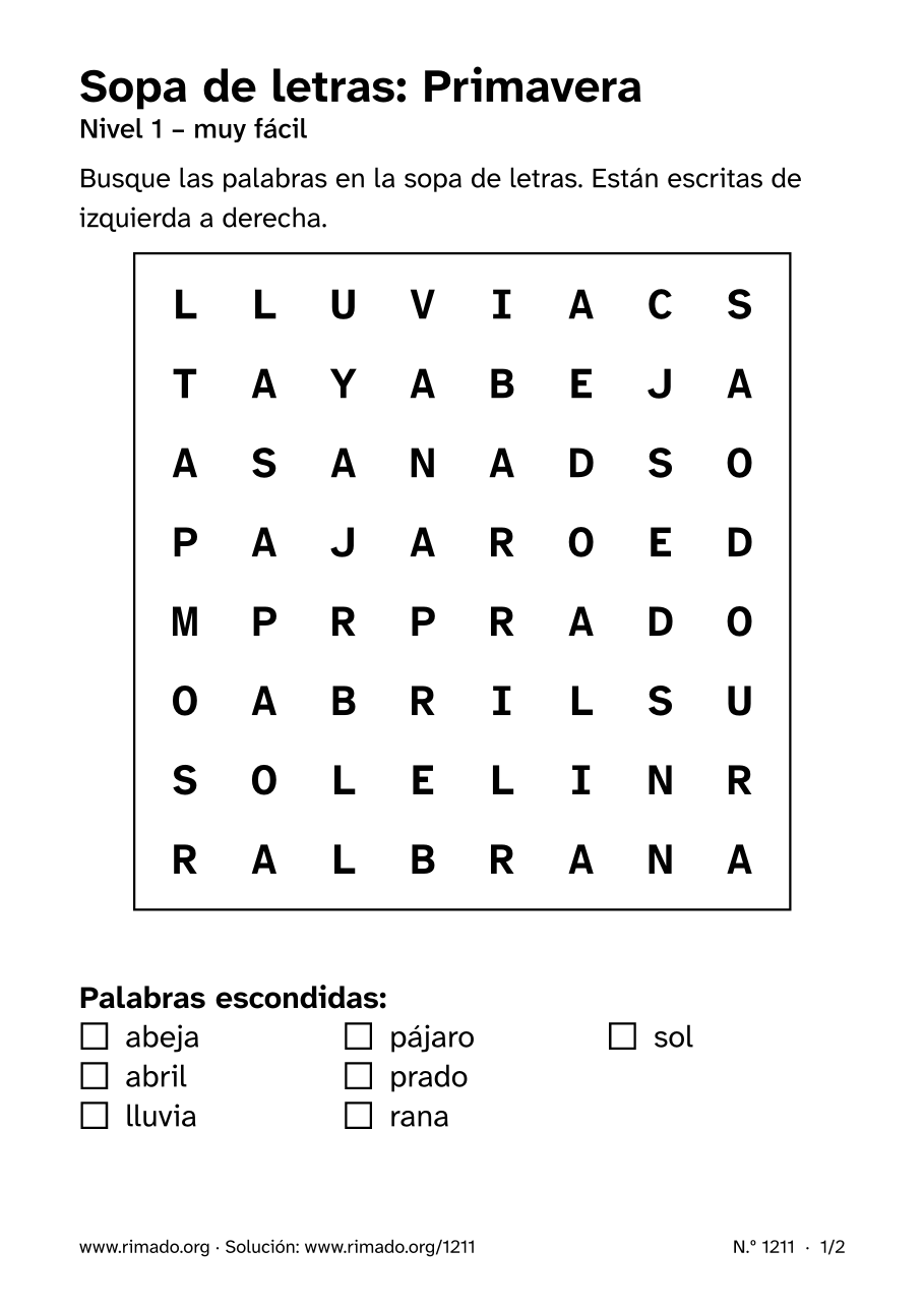 Vista previa de la hoja impresa: Sopa de letras «Primavera», n.º 1211