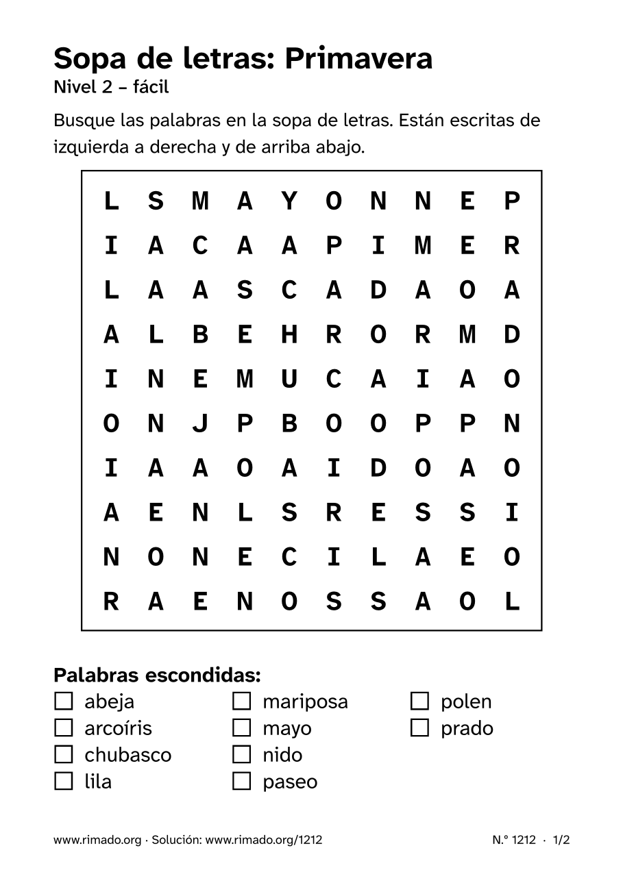 Vista previa de la hoja impresa: Sopa de letras «Primavera», n.º 1212