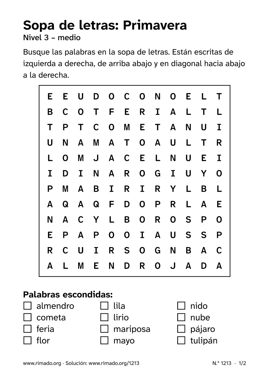 Vista previa de la hoja impresa: Sopa de letras «Primavera», n.º 1213