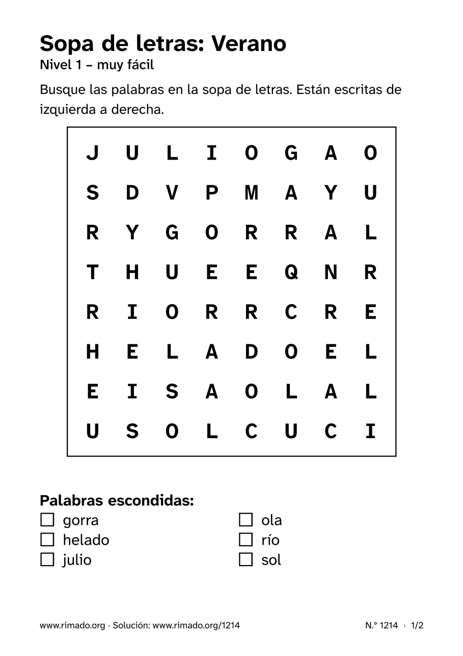Vista previa de la hoja impresa: Sopa de letras «Verano», n.º 1214