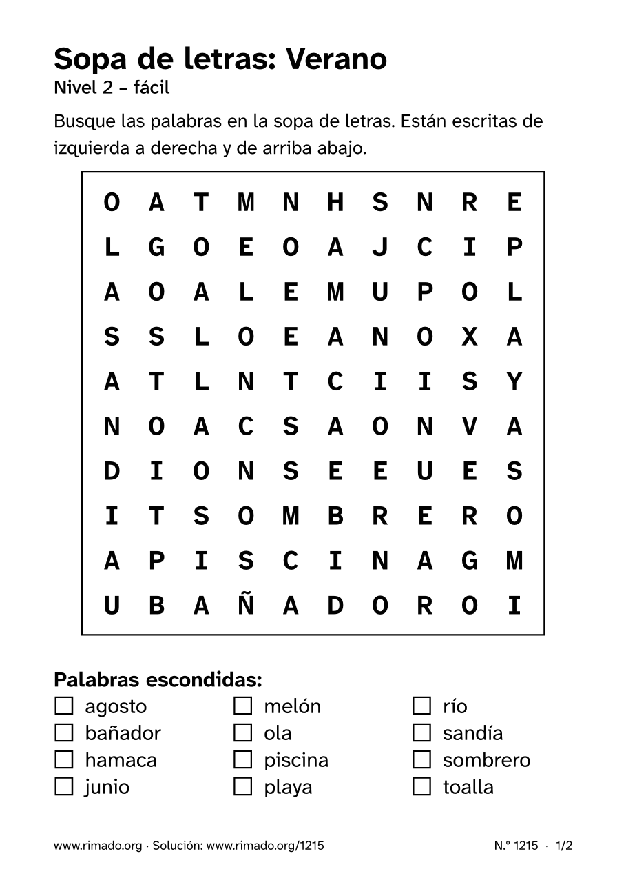Vista previa de la hoja impresa: Sopa de letras «Verano», n.º 1215