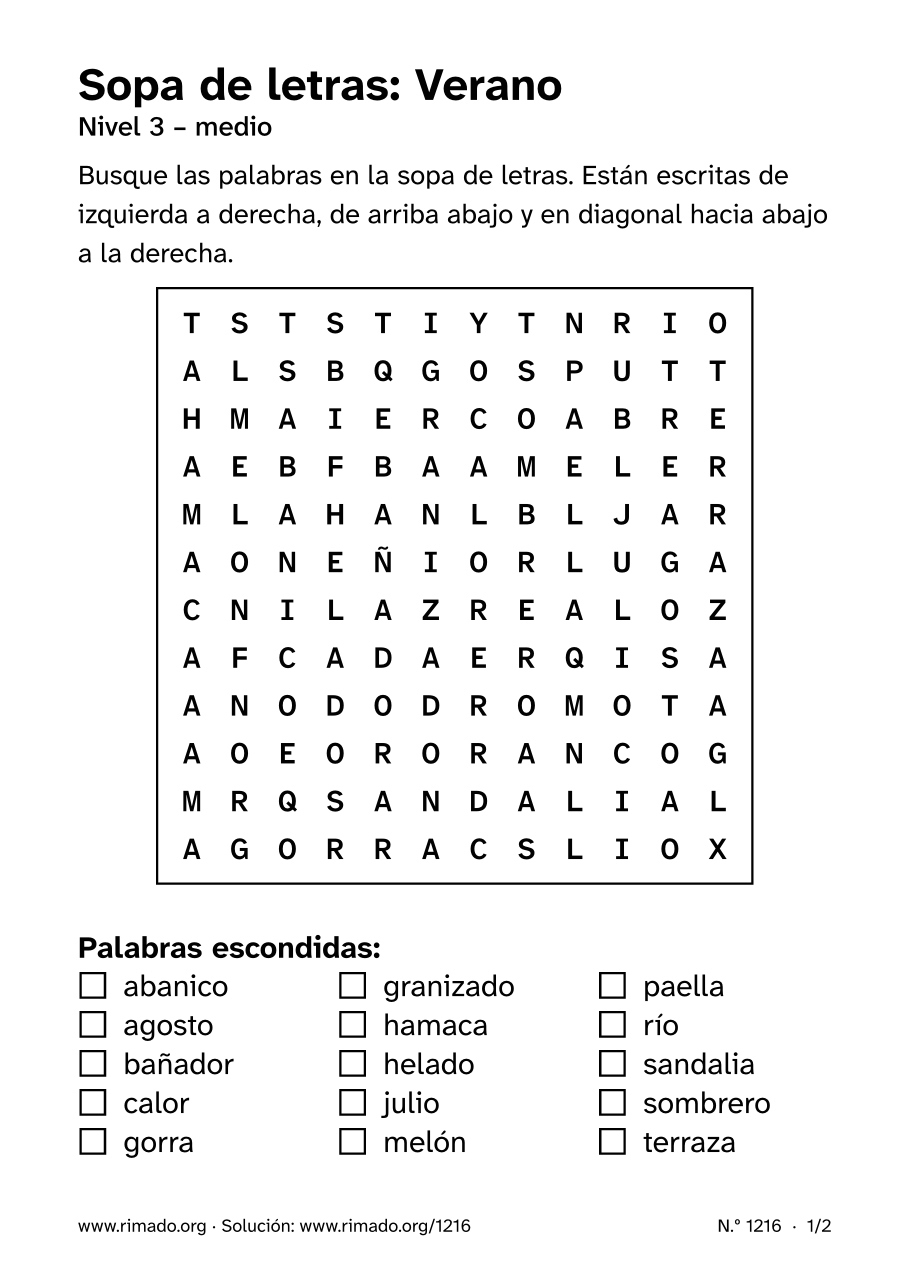 Vista previa de la hoja impresa: Sopa de letras «Verano», n.º 1216