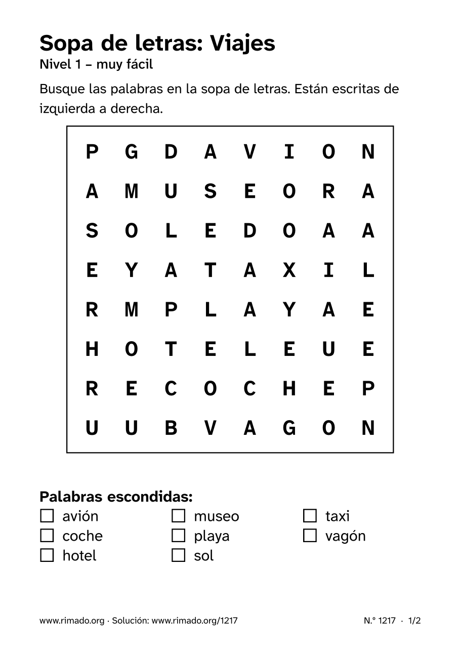Vista previa de la hoja impresa: Sopa de letras «Viajes», n.º 1217
