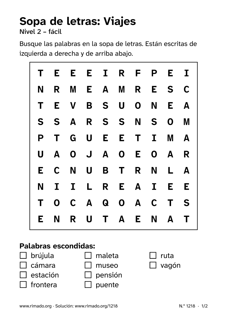 Vista previa de la hoja impresa: Sopa de letras «Viajes», n.º 1218