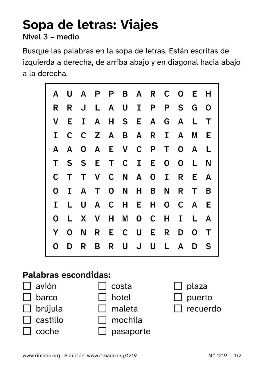 Vista previa de la hoja impresa: Sopa de letras «Viajes», n.º 1219