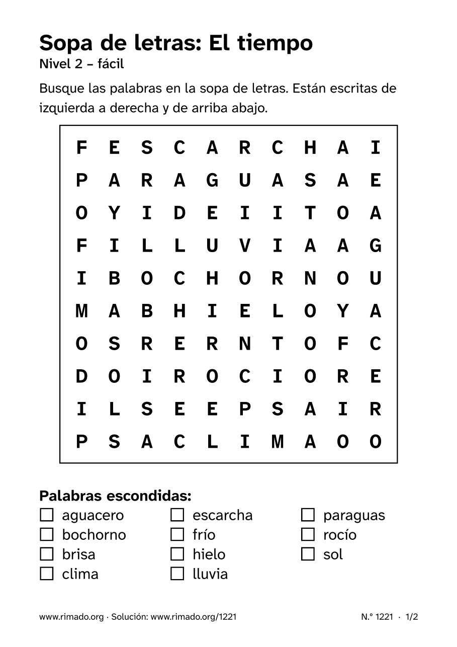 Vista previa de la hoja impresa: Sopa de letras «El tiempo», n.º 1221