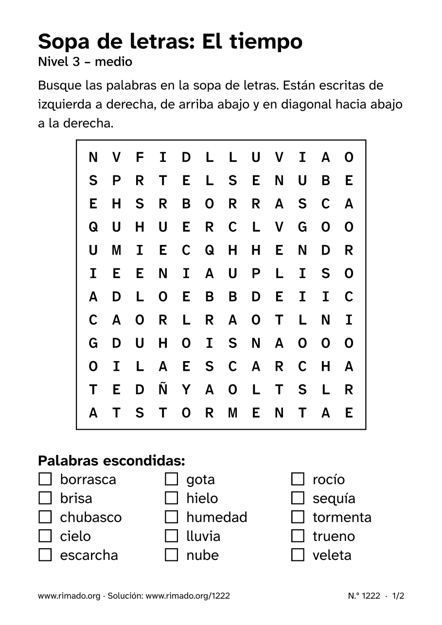 Vista previa de la hoja impresa: Sopa de letras «El tiempo», n.º 1222