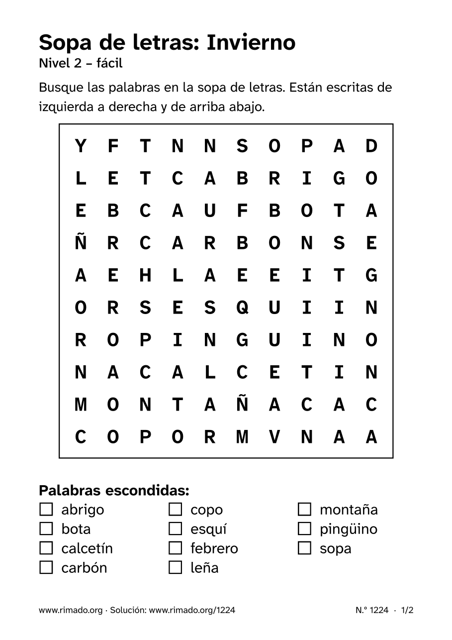 Vista previa de la hoja impresa: Sopa de letras «Invierno», n.º 1224