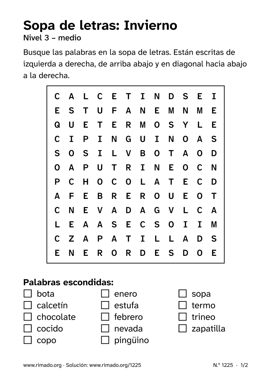 Vista previa de la hoja impresa: Sopa de letras «Invierno», n.º 1225