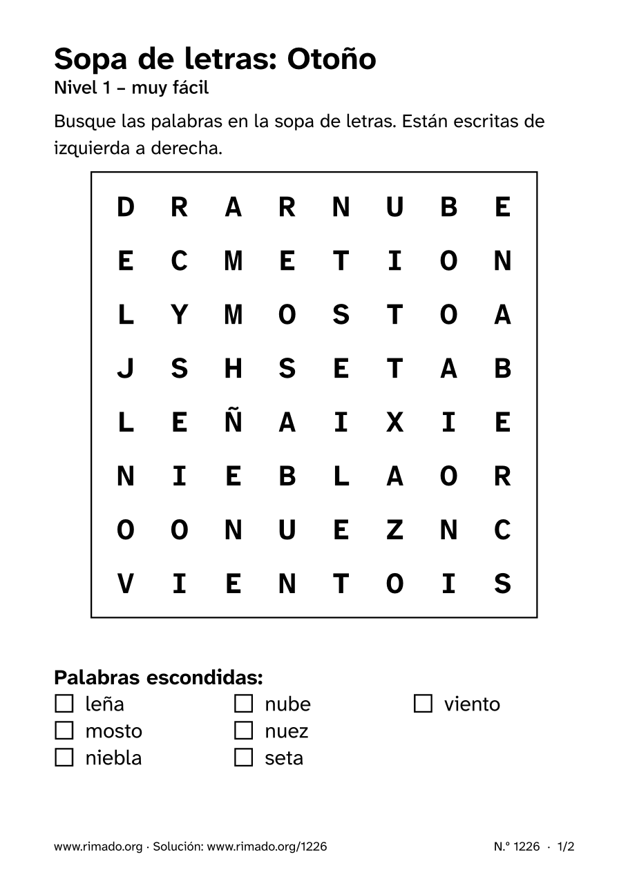 Vista previa de la hoja impresa: Sopa de letras «Otoño», n.º 1226