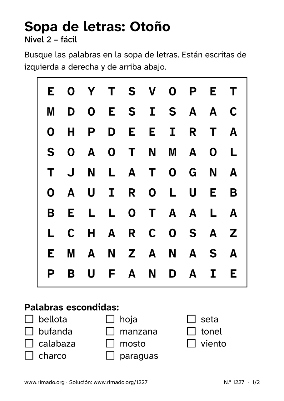 Vista previa de la hoja impresa: Sopa de letras «Otoño», n.º 1227