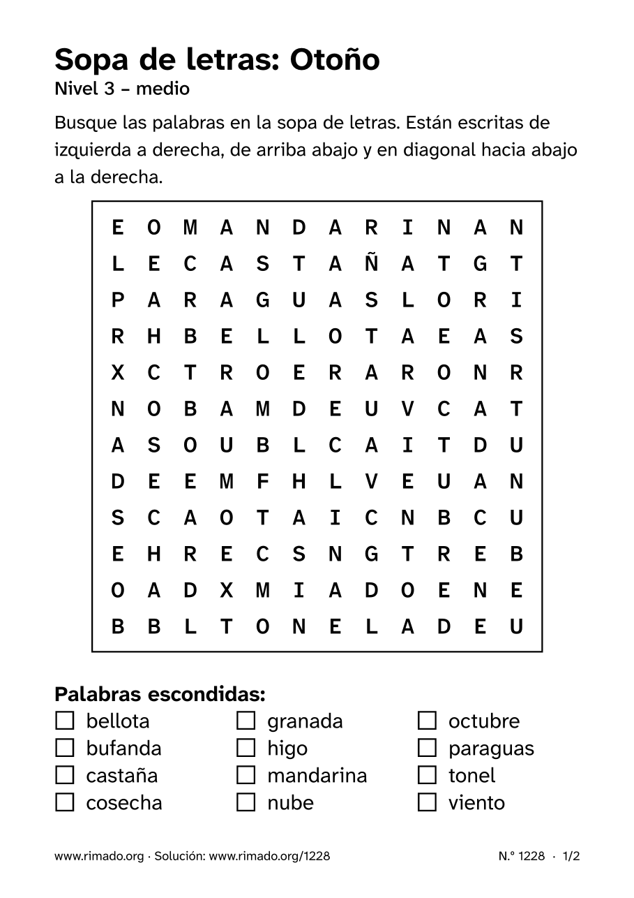 Vista previa de la hoja impresa: Sopa de letras «Otoño», n.º 1228