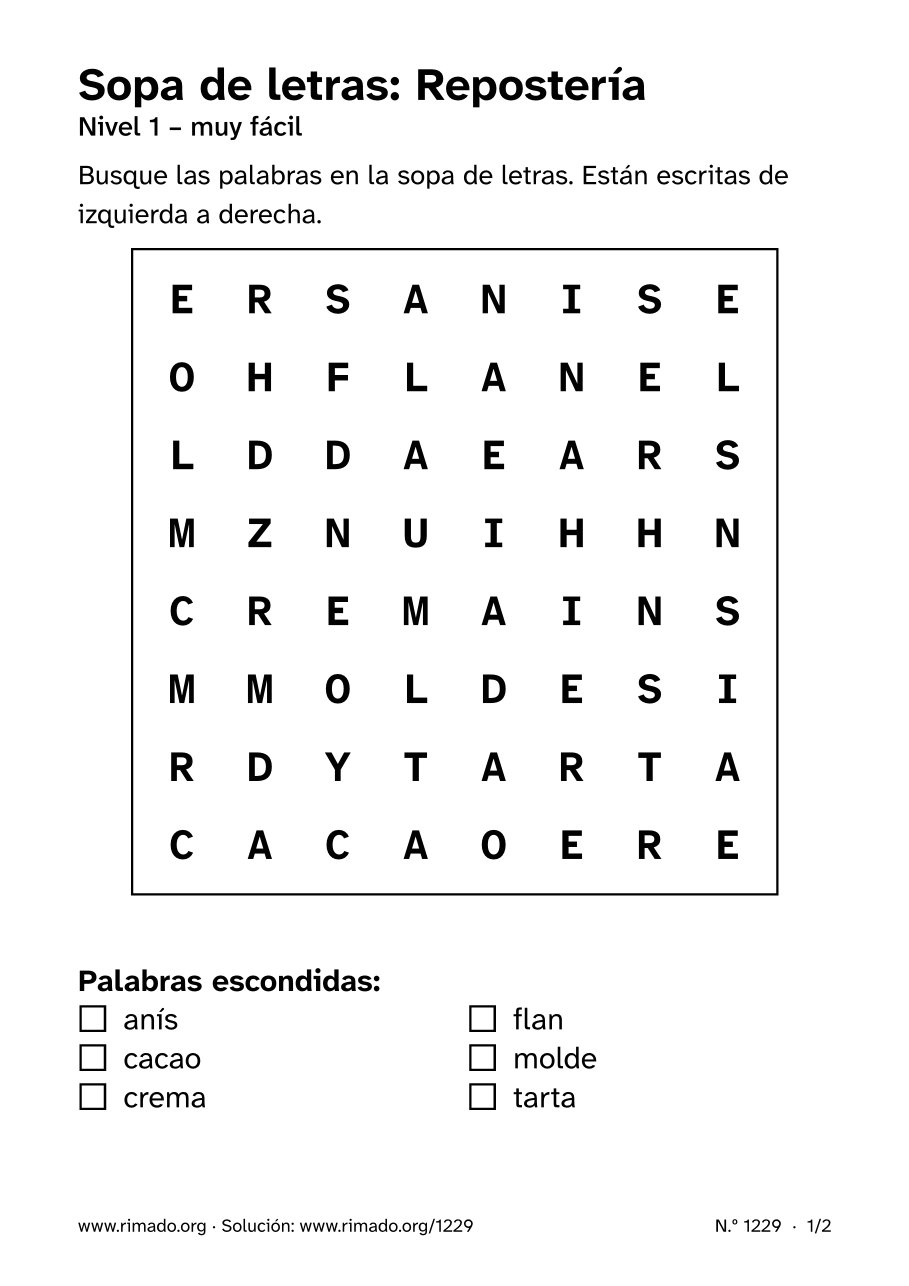 Vista previa de la hoja impresa: Sopa de letras «Repostería», n.º 1229