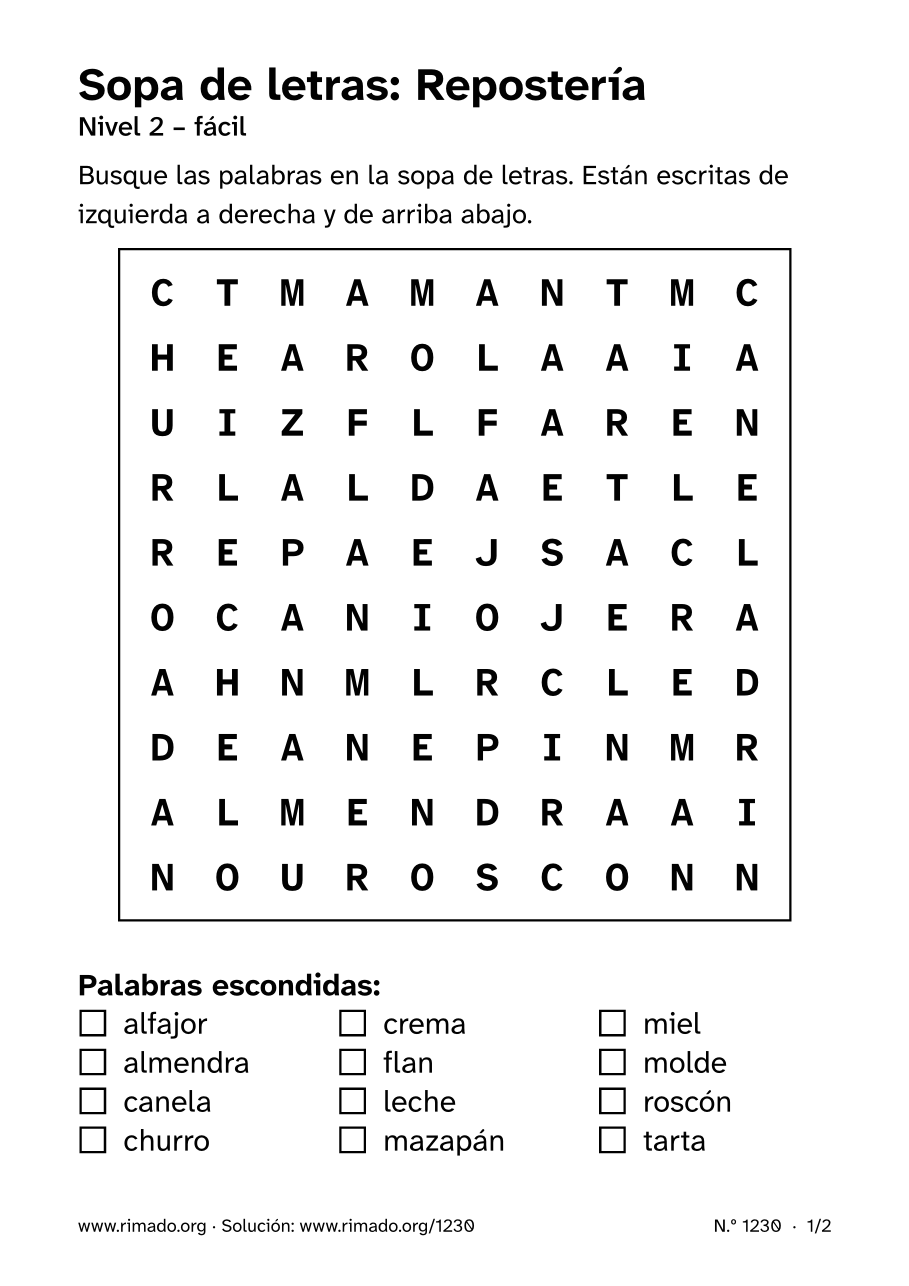 Vista previa de la hoja impresa: Sopa de letras «Repostería», n.º 1230