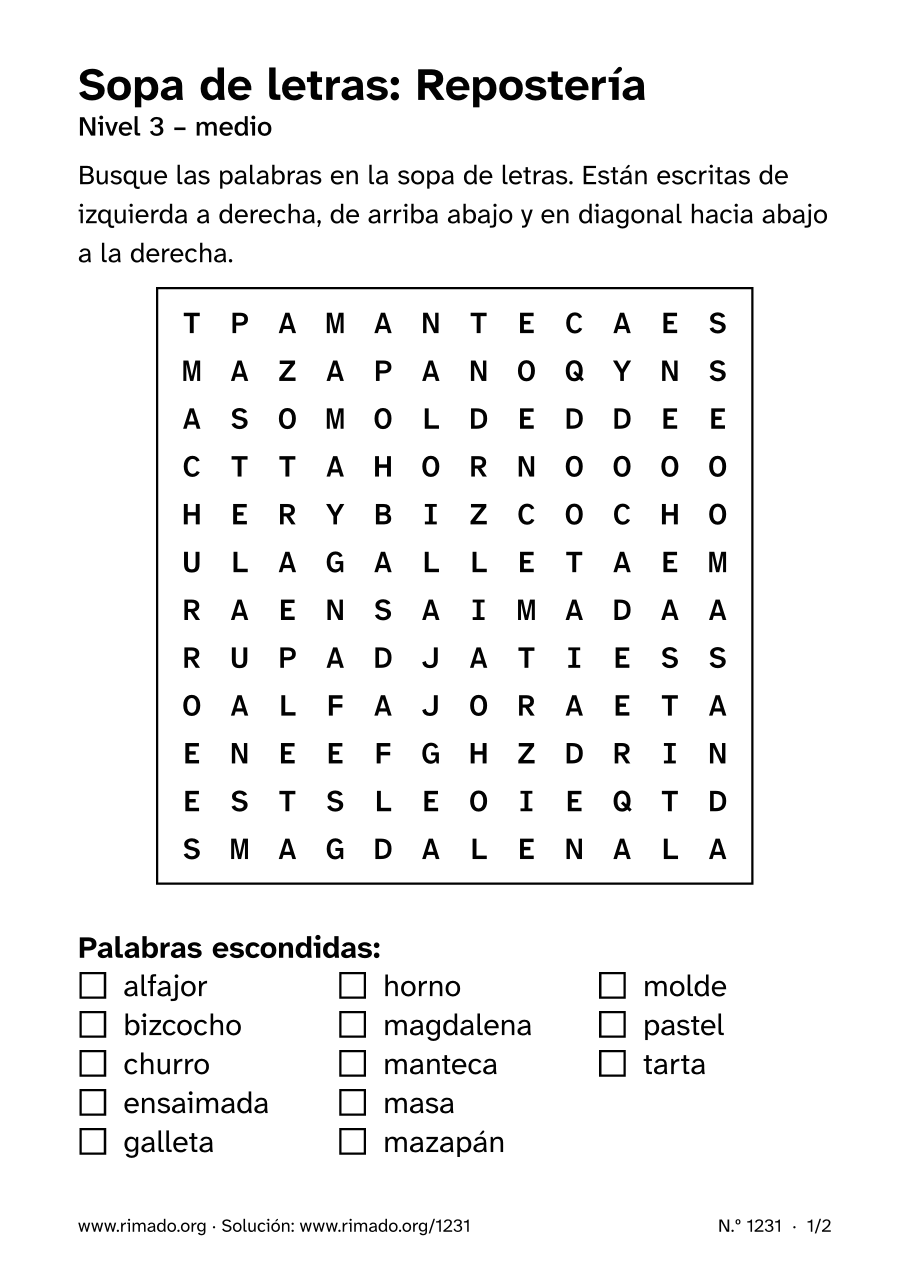 Vista previa de la hoja impresa: Sopa de letras «Repostería», n.º 1231