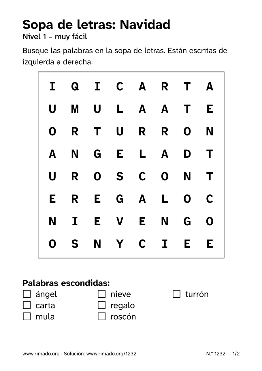 Vista previa de la hoja impresa: Sopa de letras «Navidad», n.º 1232