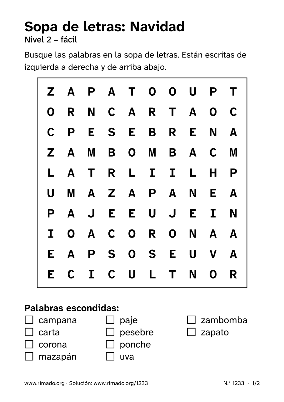 Vista previa de la hoja impresa: Sopa de letras «Navidad», n.º 1233