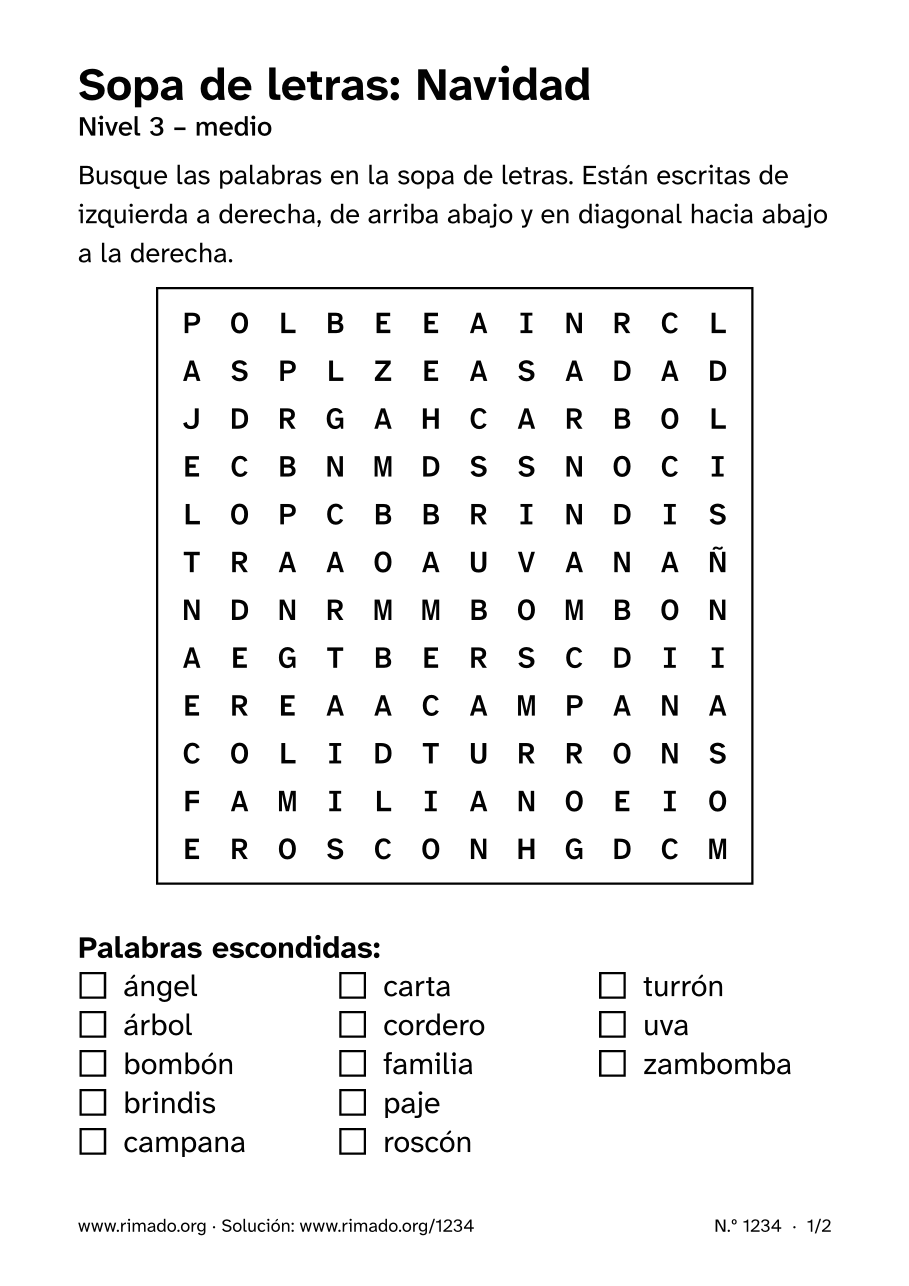 Vista previa de la hoja impresa: Sopa de letras «Navidad», n.º 1234