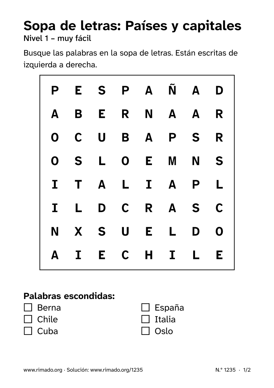 Vista previa de la hoja impresa: Sopa de letras «Países y capitales», n.º 1235