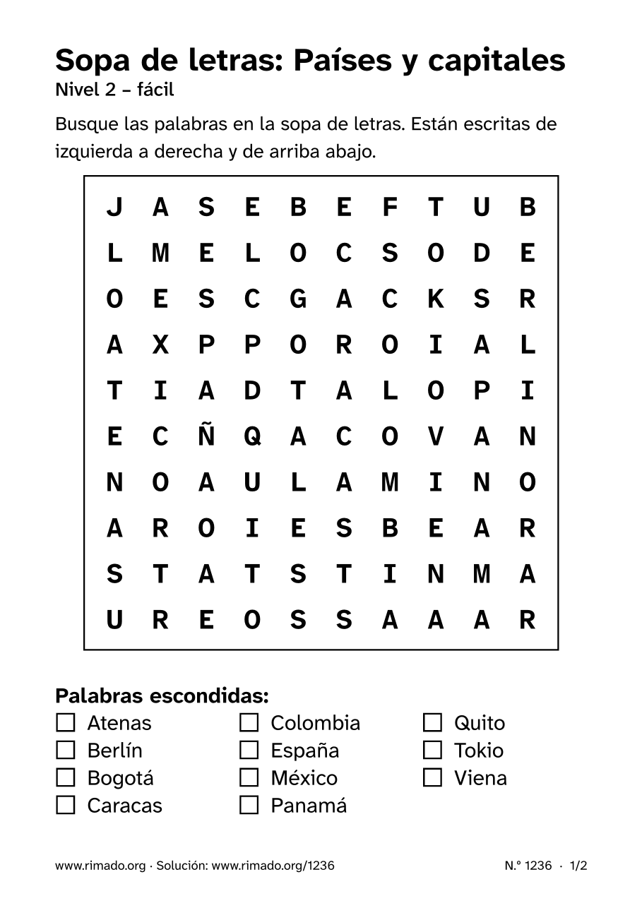 Vista previa de la hoja impresa: Sopa de letras «Países y capitales», n.º 1236