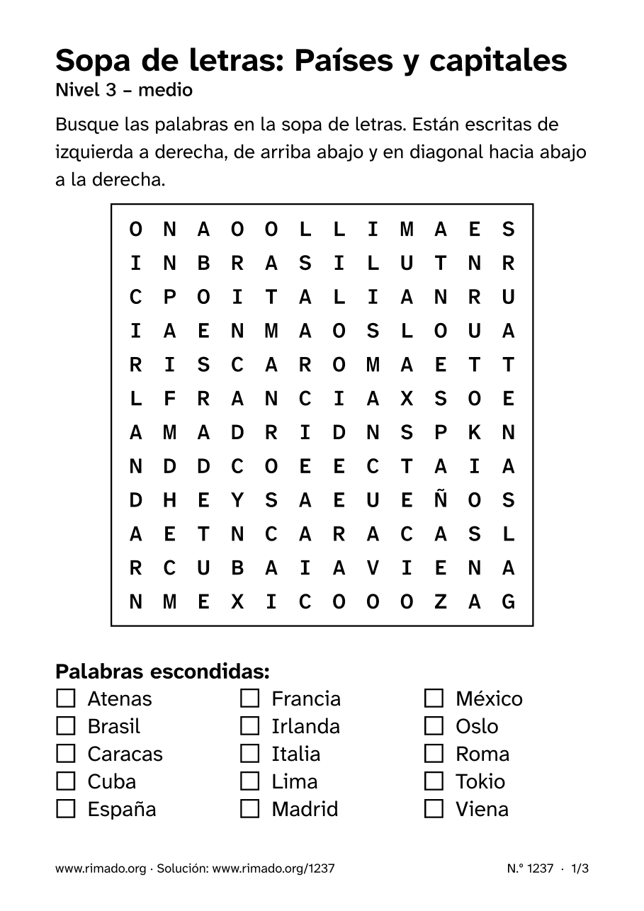 Vista previa de la hoja impresa: Sopa de letras «Países y capitales», n.º 1237
