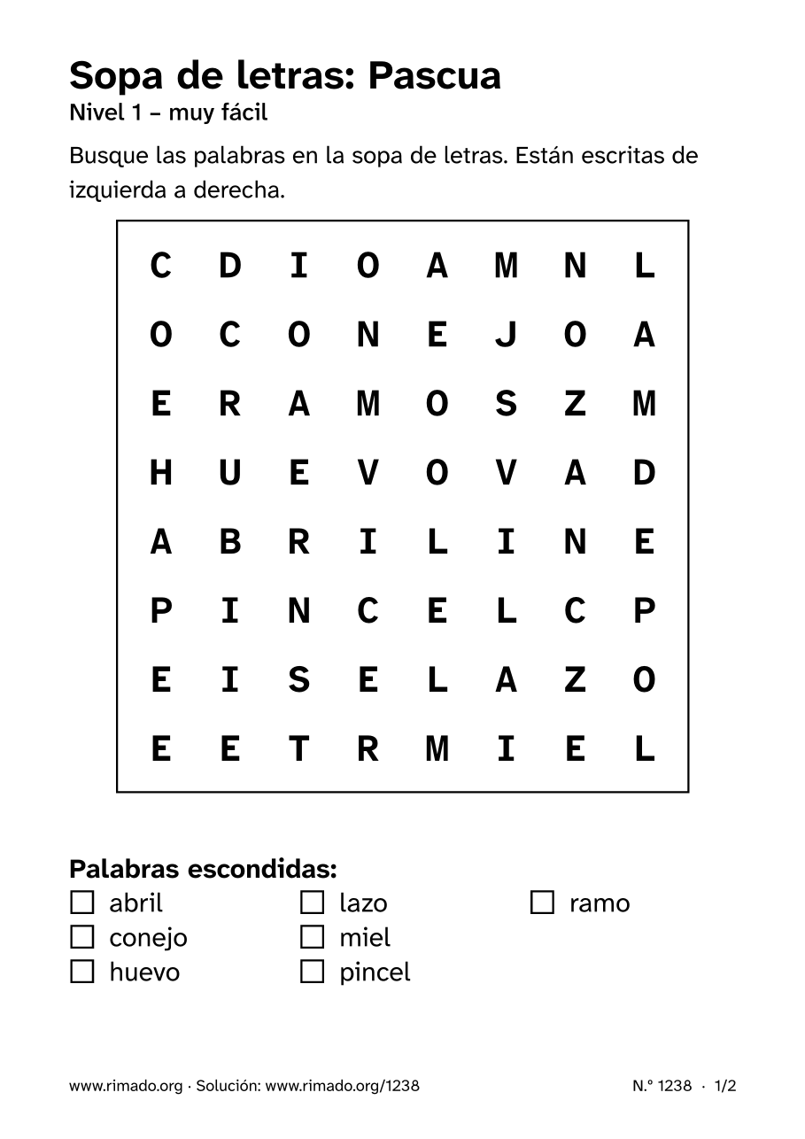 Vista previa de la hoja impresa: Sopa de letras «Pascua», n.º 1238