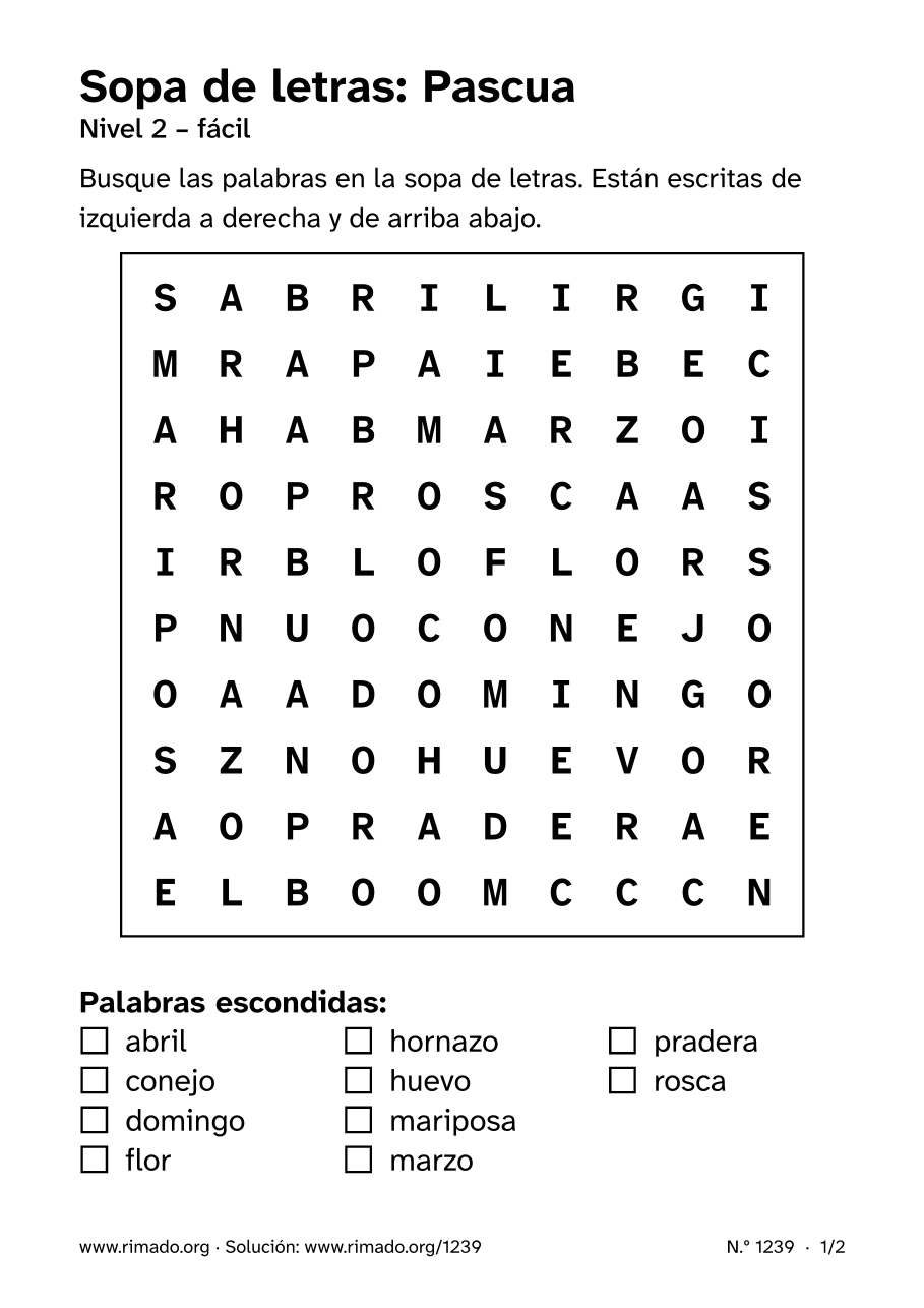 Vista previa de la hoja impresa: Sopa de letras «Pascua», n.º 1239