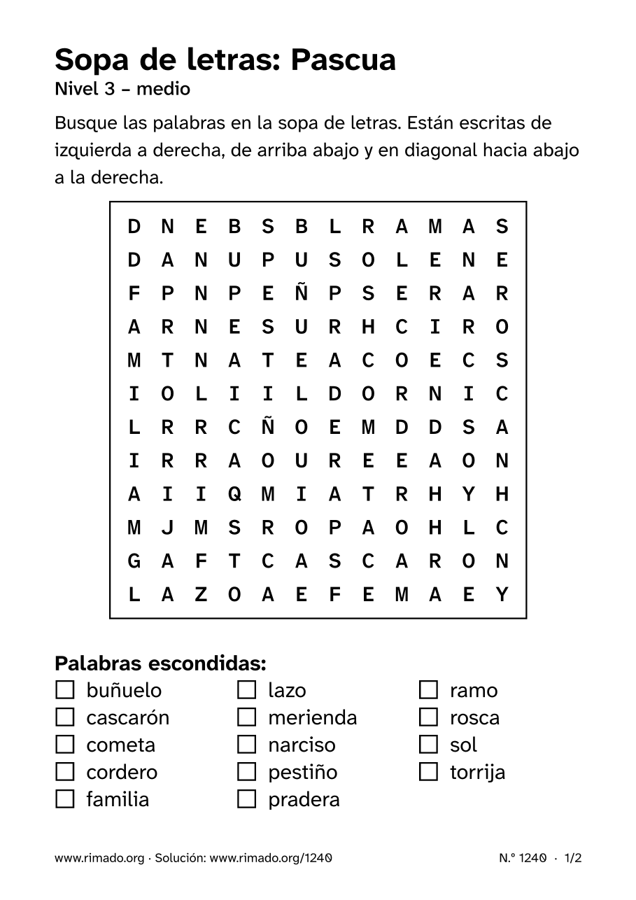 Vista previa de la hoja impresa: Sopa de letras «Pascua», n.º 1240