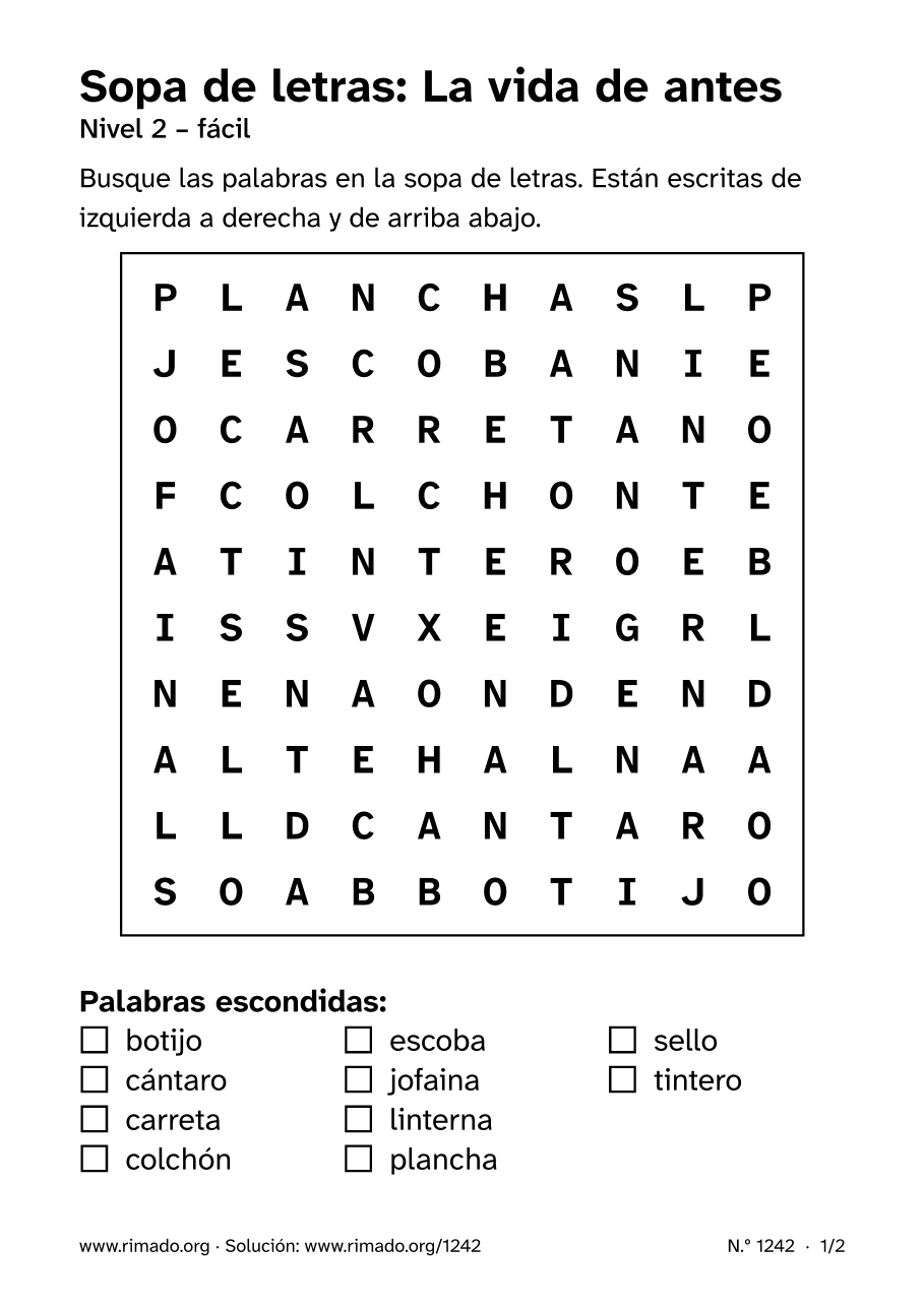 Vista previa de la hoja impresa: Sopa de letras «La vida de antes», n.º 1242