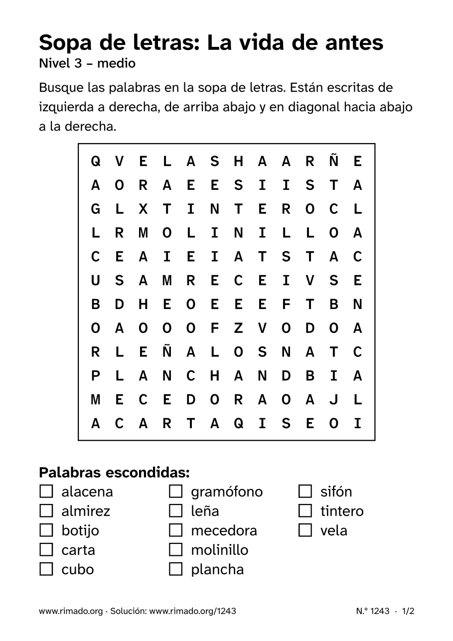 Vista previa de la hoja impresa: Sopa de letras «La vida de antes», n.º 1243