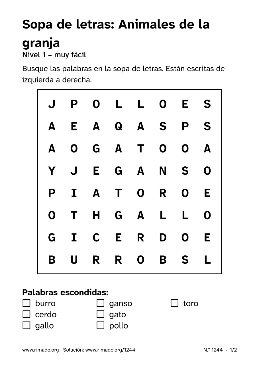 Vista previa de la hoja impresa: Sopa de letras «Animales de la granja», n.º 1244