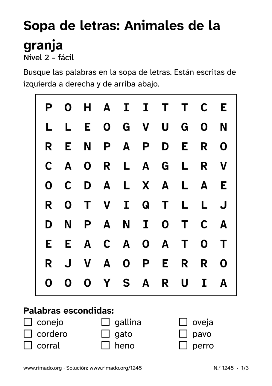 Vista previa de la hoja impresa: Sopa de letras «Animales de la granja», n.º 1245