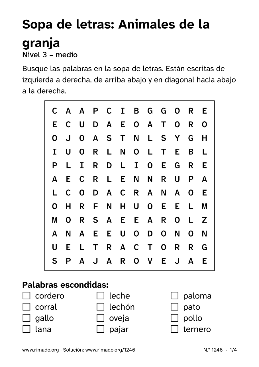 Vista previa de la hoja impresa: Sopa de letras «Animales de la granja», n.º 1246